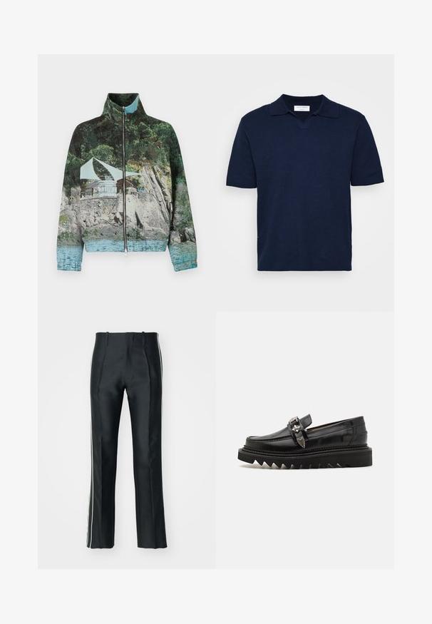 Chaqueta con cremallera que presenta una impresión fotográfica de una escena costera con rocas, agua y una estructura; los colores incluyen verde, azul y marrón.; Camisa polo de manga corta en azul marino con cuello en V, hecha de tejido texturizado, que presenta una etiqueta de marca sutil en el cuello.; Pantalones de satén negros con corte ajustado, que presentan franjas laterales blancas. Diseñados con una pierna acampanada y pliegues frontales para un detalle adicional.; Mocasines de cuero negro con acentos en metal plateado, suela elevada en zigzag y un diseño elegante y redondeado; textura suave y acabado brillante.