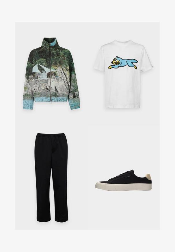 Chaqueta con cremallera que presenta una impresión fotográfica de una escena costera con rocas, agua y una estructura; los colores incluyen verde, azul y marrón.; Camiseta blanca de algodón con un gato de estilo cartoon azul, con cara amarilla y dientes afilados, posicionado en una postura de salto.; Pantalones negros de longitud media con cintura elástica. Fabricados con una tela suave, presentan un ajuste relajado y no tienen bolsillos visibles ni adornos.; Zapatilla negra de corte bajo con pestaña de talón beige, suela gruesa de goma blanca, cordones negros y pequeña etiqueta "PS Paul Smith" en el lateral.