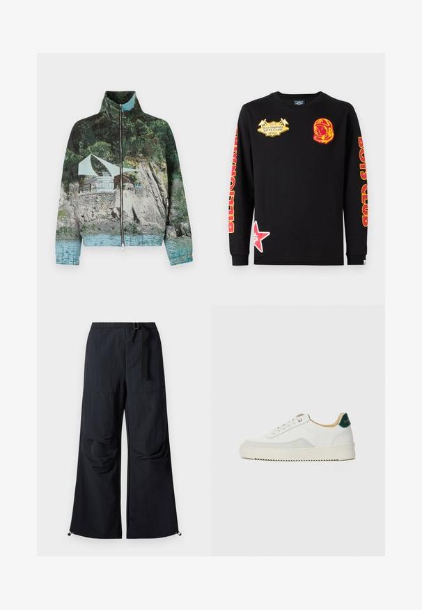 Chaqueta con cremallera que presenta una impresión fotográfica de una escena costera con rocas, agua y una estructura; los colores incluyen verde, azul y marrón.; Camiseta de manga larga negra de algodón con estampados gráficos en rojo y amarillo, que incluyen un astronauta y una estrella, con el texto "Billionaire Boys Club".; Pantalones negros de pierna ancha hechos de tela ligera. Cuentan con un cinturón, dos grandes bolsillos laterales y dobladillos ajustables con cierres de cordón.; Zapatilla blanca con acentos de ante, puntera redondeada, cordones planos y suela de goma color crema. Presenta un logo verde en el talón.