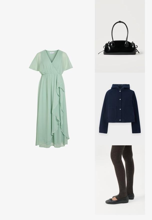 Veste à capuche bleu marine avec manches longues, boutons-pression à l'avant et deux grandes poches à l'avant, présentée sur un fond blanc.; Robe portefeuille à manches courtes, décolleté V, de couleur vert clair, avec taille froncée et volants qui tombent d'un côté, longueur midi, en tissu léger.; Jambes portant des leggings côtelés foncés associés à des ballerines noires avec de petits détails en nœud sur fond blanc.; Petit sac à main noir brillant avec deux longues anses et des détails à cordon sur les côtés sur un fond clair uni.