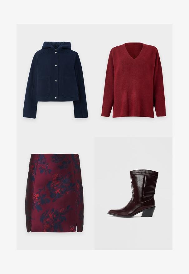 Veste à capuche bleu marine avec manches longues, boutons-pression à l'avant et deux grandes poches à l'avant, présentée sur un fond blanc.; Pull-over v neck rouge à manches longues, fabriqué en tissu texturé doux, offrant une coupe décontractée et des fentes sur les côtés à l'ourlet.; Jupe à motif floral bourgogne avec des accents bleu marine, fabriquée en tissu lisse. Présente des fentes latérales et un motif floral texturé sur l'ensemble.; Bottines en cuir bourgogne avec un bout pointu, une surface texturée et un petit talon effilé. Présente une couture discrète et un ajustement confortable.