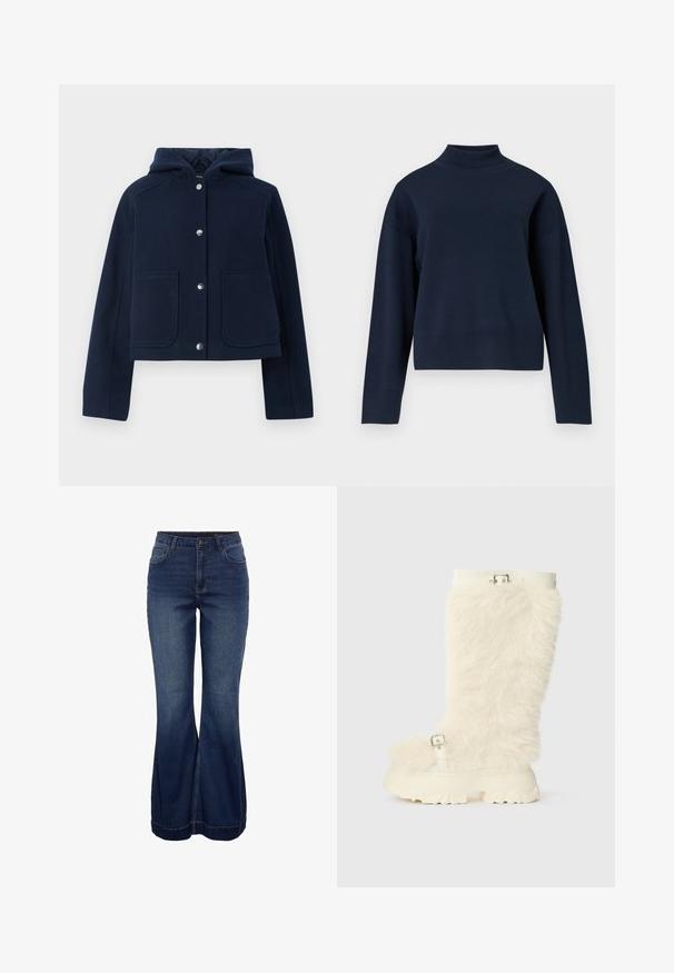 Veste à capuche bleu marine avec manches longues, boutons-pression à l'avant et deux grandes poches à l'avant, présentée sur un fond blanc.; Pull roulé bleu marine avec une coupe décontractée, manches longues et col et ourlet côtelés ; fabriqué en matériau tricoté doux et texturé.; Jeans évasés bleu foncé en tissu denim, avec une taille haute, des poches avant et un ourlet net, agrémentés de détails de couture subtils.; Bottes en fausse fourrure crème hauteur genou avec une semelle en caoutchouc blanche chunky, présentant une sangle à boucle et un design plat et texturé.