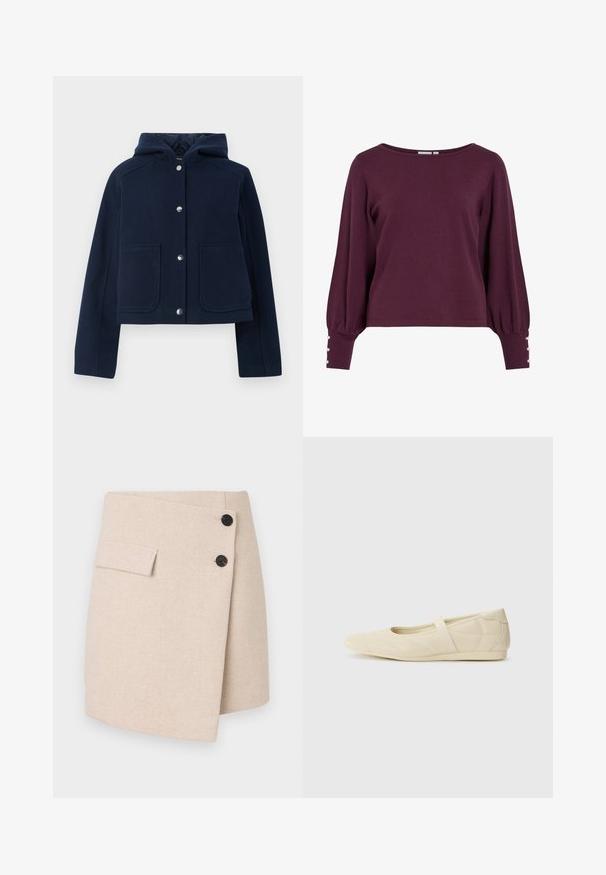Marineblå hættetrøje med lange ærmer, frontknapper og to store forlommer, præsenteret på en hvid baggrund.; Bourgognefarvet strikket sweater med bred halsudskæring, lange ballonærmer og knapdetaljer ved manchetterne. Blød tekstur og løs pasform.; Beige indpakningsskørt i et tekstureret stof, med en sidelomme, to sorte knapper og en let buet kant.; Lysebrune ballet flats med en glat læderoverflade, mandelformet tå og elastisk rem over vristen, med diskrete syninger.