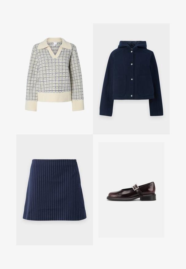 Veste à capuche bleu marine avec manches longues, boutons-pression à l'avant et deux grandes poches à l'avant, présentée sur un fond blanc.; Pull crème avec un col en V et un col large, présentant un motif à carreaux bleu. Poignets et ourlet côtelés, tissu texturé.; Jupe bleu marine avec de fines rayures verticales blanches et une coupe droite au-dessus du genou, présentée sur un fond blanc uni.; Chaussure Mary Jane unique brillante couleur bordeaux foncé avec une large bride et une boucle argentée, talon bloc bas et bout arrondi sur fond blanc.
