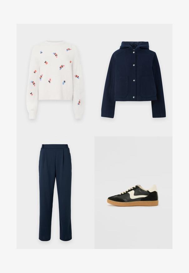 Veste à capuche bleu marine avec manches longues, boutons-pression à l'avant et deux grandes poches à l'avant, présentée sur un fond blanc.; Pull en tricot blanc avec des motifs floraux brodés en rose, bleu et noir. Il possède un col rond et des poignets côtelés.; Pantalon bleu marine à coupe droite, avec une taille haute, des plis, et une texture lisse et douce. Aucun élément métallique visible ni motif.; Baskets en daim et cuir noir avec un swoosh latéral crème et un talon crème clair. Dotées de lacets beige et d'une semelle en caoutchouc gomme.