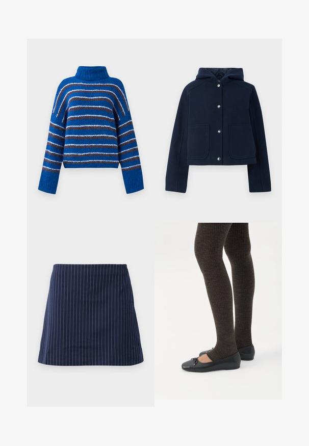 Veste à capuche bleu marine avec manches longues, boutons-pression à l'avant et deux grandes poches à l'avant, présentée sur un fond blanc.; Pull à col roulé bleu avec des rayures horizontales marron, blanches et bleu clair, manches longues et poignets côtelés.; Jupe bleu marine avec de fines rayures verticales blanches et une coupe droite au-dessus du genou, présentée sur un fond blanc uni.; Jambes portant des leggings côtelés foncés associés à des ballerines noires avec de petits détails en nœud sur fond blanc.