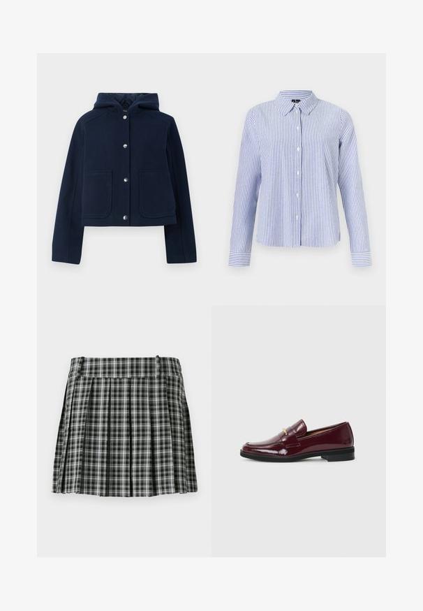 Veste à capuche bleu marine avec manches longues, boutons-pression à l'avant et deux grandes poches à l'avant, présentée sur un fond blanc.; Chemise à manches longues boutonnée, avec des rayures verticales blanches et bleu clair et un col pointu, présentée sur un fond uni.; Jupe plissée à carreaux noir et blanc avec une taille lisse et de multiples plis verticaux. Fabriquée en tissu léger.; Mocassins en cuir verni bordeaux à bout rond, avec une sangle décorative et un accent doré, montés sur une semelle en caoutchouc noire.