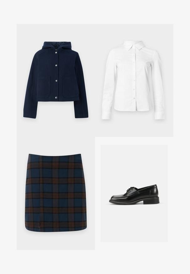 Chaqueta con capucha de color azul marino, con mangas largas, botones a presión en la parte delantera y dos grandes bolsillos frontales, mostrada sobre un fondo blanco.; Camisa blanca de manga larga con botones, cuello puntiagudo, bajo recto y silueta ajustada, presentada sobre un fondo claro y liso.; Falda mini a cuadros azul marino con líneas marrones y grises, fabricada en una tela suave, con una sutil abertura en la parte trasera para mayor comodidad al moverse.; Zapato de dress de cuero negro con textura suave, puntera redondeada, dos ojales para cordones y un sólido tacón cuadrado. Diseño simple sin patrones.