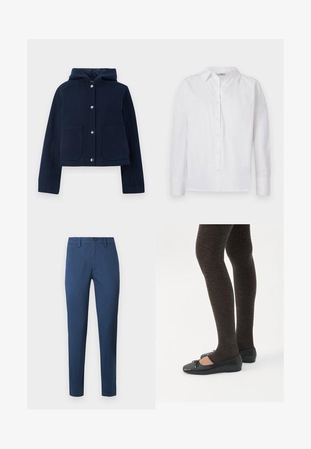 Marineblauwe hoodie met lange mouwen, voorzijde met drukknoopsluiting en twee grote voorzakken, weergegeven op een witte achtergrond.; Witte button-up shirt van katoen, met lange mouwen, een klassieke kraag en subtiele stikdetails.; Blauwe katoen chinos met een slim fit, voorzien van een knoopsluiting, riemlussen en standaardzakken, een gladde textuur en strakke lijnen.; Benen met donkere geribbelde leggings gecombineerd met zwarte ballerina's met kleine strikdetails op een witte achtergrond.