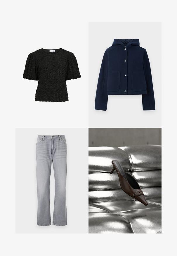 Veste à capuche bleu marine avec manches longues, boutons-pression à l'avant et deux grandes poches à l'avant, présentée sur un fond blanc.; Haut noir à manches courtes avec un design texturé et froncé. Col rond et coupe ample. Le tissu semble doux et légèrement extensible.; Wrangler LOW RISE COWBOY - Jean droit - haute haze; Mule à talon brun à bout pointu avec détail boucle flottant au-dessus d'une surface en cuir argenté capitonnée brillante.