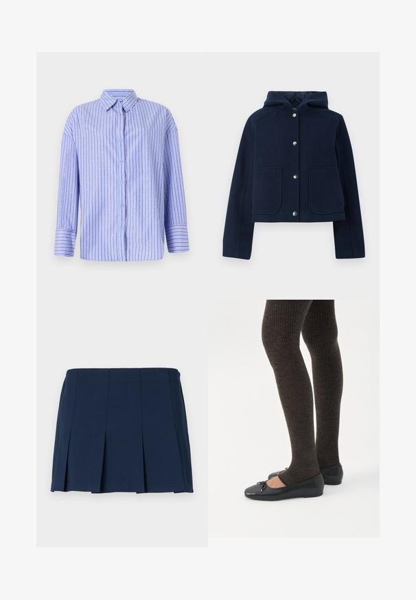 Chaqueta con capucha de color azul marino, con mangas largas, botones a presión en la parte delantera y dos grandes bolsillos frontales, mostrada sobre un fondo blanco.; Camisa abotonada de color azul claro con rayas verticales y acentos de puntos. Presenta un cuello, mangas largas y un corte recto. Tejido suave.; Falda mini plisada de color azul marino con una cinturilla recta, hecha de una tela suave. Presenta costuras verticales a lo largo de los pliegues.; Piernas con leggings oscuros acanalados combinados con bailarinas negras que presentan pequeños detalles de lazo sobre un fondo blanco.