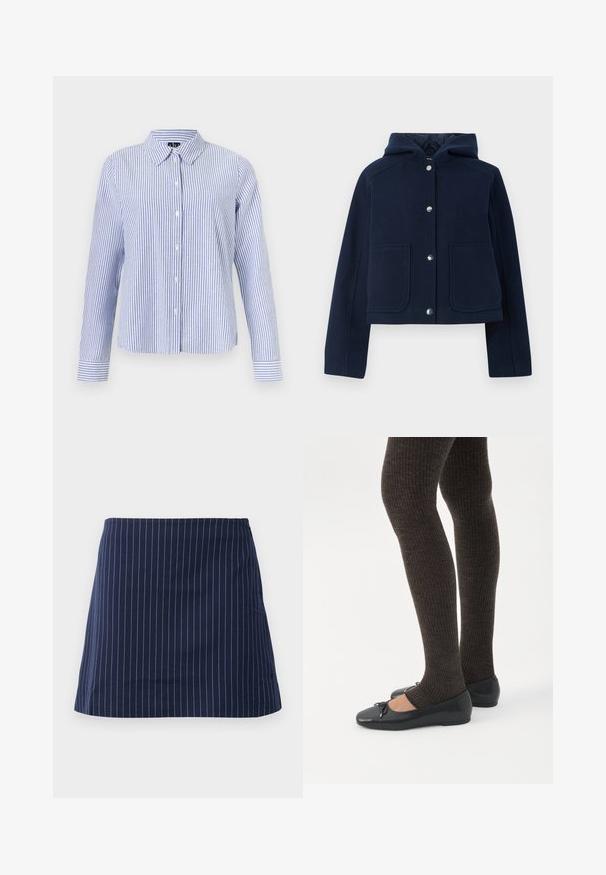 Veste à capuche bleu marine avec manches longues, boutons-pression à l'avant et deux grandes poches à l'avant, présentée sur un fond blanc.; Chemise à manches longues boutonnée, avec des rayures verticales blanches et bleu clair et un col pointu, présentée sur un fond uni.; Jupe bleu marine avec de fines rayures verticales blanches et une coupe droite au-dessus du genou, présentée sur un fond blanc uni.; Jambes portant des leggings côtelés foncés associés à des ballerines noires avec de petits détails en nœud sur fond blanc.