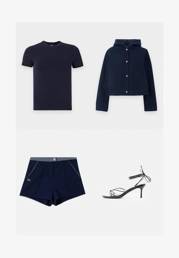 Veste à capuche bleu marine avec manches longues, boutons-pression à l'avant et deux grandes poches à l'avant, présentée sur un fond blanc.; T-shirt col rond bleu marine en coton lisse, avec des manches courtes et une coupe régulière. Design simple et sans couture, sans motifs.; Short bleu marine avec taille à rayures blanches, bouton-pression à l'avant, poches latérales avec bordure blanche et petit logo crocodile vert sur le côté gauche.; Sandale noire à talons hauts avec lanières fines à la cheville et talon stiletto de hauteur moyenne sur fond blanc.