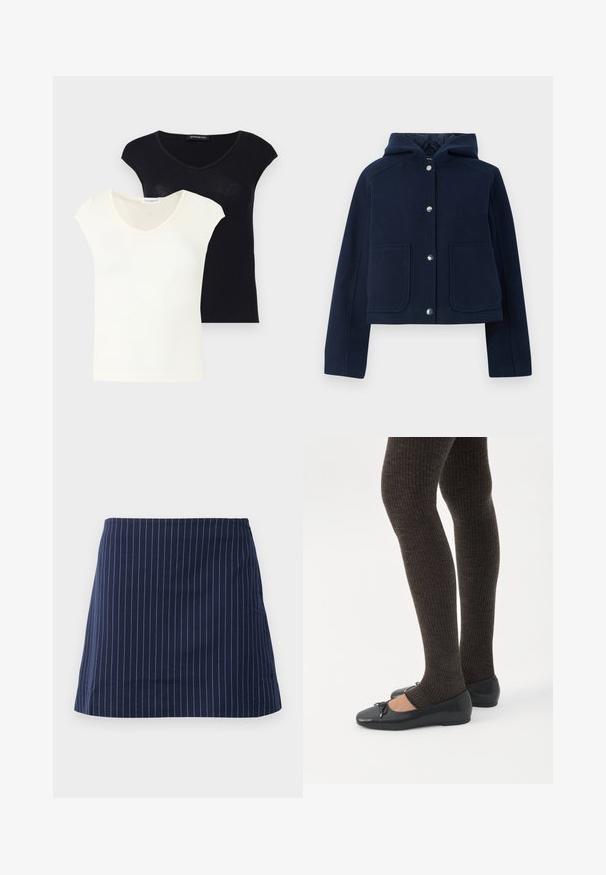 Veste à capuche bleu marine avec manches longues, boutons-pression à l'avant et deux grandes poches à l'avant, présentée sur un fond blanc.; Deux t-shirts unis à col en V avec manches courtes, un blanc devant et un noir derrière, présentés sur un fond uni.; Jupe bleu marine avec de fines rayures verticales blanches et une coupe droite au-dessus du genou, présentée sur un fond blanc uni.; Jambes portant des leggings côtelés foncés associés à des ballerines noires avec de petits détails en nœud sur fond blanc.