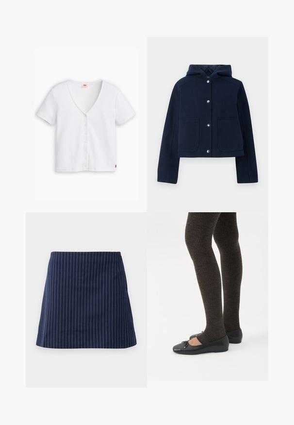 Veste à capuche bleu marine avec manches longues, boutons-pression à l'avant et deux grandes poches à l'avant, présentée sur un fond blanc.; Haut blanc à rayures, à manches courtes et décolleté en V profond, avec une rangée de six boutons sur le devant et un petit logo rouge sur l'ourlet.; Jupe bleu marine avec de fines rayures verticales blanches et une coupe droite au-dessus du genou, présentée sur un fond blanc uni.; Jambes portant des leggings côtelés foncés associés à des ballerines noires avec de petits détails en nœud sur fond blanc.