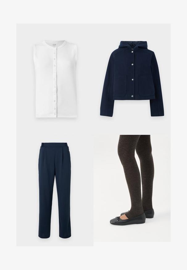 Veste à capuche bleu marine avec manches longues, boutons-pression à l'avant et deux grandes poches à l'avant, présentée sur un fond blanc.; Débardeur blanc sans manches en tissu côtelé, avec un col rond et un devant boutonné avec des boutons transparents.; Pantalon bleu marine à coupe droite, avec une taille haute, des plis, et une texture lisse et douce. Aucun élément métallique visible ni motif.; Jambes portant des leggings côtelés foncés associés à des ballerines noires avec de petits détails en nœud sur fond blanc.