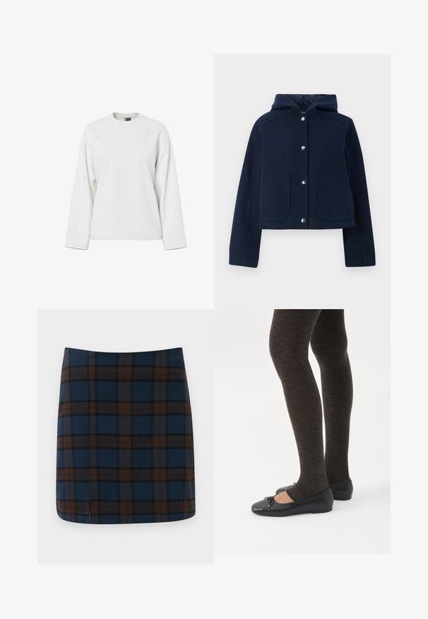 Chaqueta con capucha de color azul marino, con mangas largas, botones a presión en la parte delantera y dos grandes bolsillos frontales, mostrada sobre un fondo blanco.; Sudadera blanca de manga larga con cuello redondo, ajuste relajado y textura suave. Sin patrones visibles ni detalles de hardware.; Falda mini a cuadros azul marino con líneas marrones y grises, fabricada en una tela suave, con una sutil abertura en la parte trasera para mayor comodidad al moverse.; Piernas con leggings oscuros acanalados combinados con bailarinas negras que presentan pequeños detalles de lazo sobre un fondo blanco.