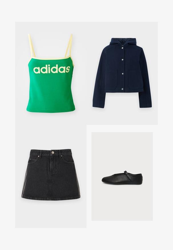 Marineblauwe hoodie met lange mouwen, voorzijde met drukknoopsluiting en twee grote voorzakken, weergegeven op een witte achtergrond.; Groene tanktop met gele accenten, gemaakt van rekbaar materiaal. Heeft een groot geel "adidas" logo over de voorkant en dunne banden.; Zwarte denim minirok met riemlussen, knoopsluiting aan de voorkant, voorzakken en witte streepdetaillering aan de zijkanten.; Zwarte leren Mary Jane platte schoen met riem en kleine geperforeerde details aan de zijkant, gezien vanaf de buitenkant op een witte achtergrond.