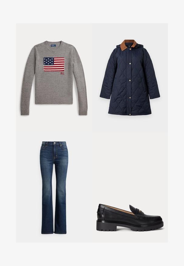 Manteau long matelassé bleu marine avec col marron, boutons-pression à l'avant, manches longues et capuche attachée.; Pull gris en tricot avec un motif du drapeau américain et les initiales "RL" sur la poitrine, poignets côtelés et encolure ronde.; Jean bootcut taille haute bleu foncé avec bouton et poches à l'avant, légère décoloration sur les cuisses et les genoux, présenté sur fond blanc.; Mocassin en cuir noir avec semelle épaisse à relief, talon bas et bride décorative sur le devant.