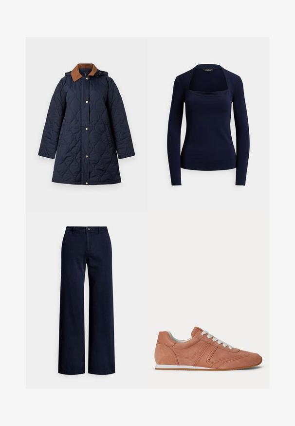 Marineblå quilte lang frakke med brun krave, front-lukning med trykknapper, lange ærmer og fastgjort hætte.; Marineblå langærmet top med firkantet udskæring og tætsiddende silhuet, Lauren Ralph Lauren mærkat indeni kraven.; Navyblå bukser med vide ben lavet af bomuld, med knaplukning foran, bæltestropper og en glat, tekstureret overflade.; Lavprofileret støvet lyserød sneaker med hvide snørebånd, syet design og tynd hvid sål med tan gummiydersål.
