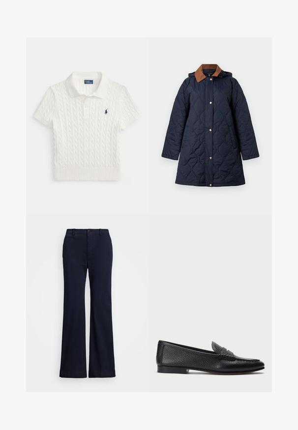 Marineblauwe doorgestikte lange jas met bruine kraag, drukknoopsluiting aan de voorkant, lange mouwen en aangehechte capuchon.; Wit kabelgebreide korte mouw polo met kraag en knoopsluiting, met klein marineblauw logo op de linkerborst.; Marineblauwe, uitlopende broeken van een zachte katoenmix. Voorzien van zijzakken, een knoopsluiting en gestikte zoomdetails.; Zwarte leren instapper met een gestructureerde afwerking, voorzien van een decoratieve band en platte hak. Slank, minimalistisch ontwerp met een ronde neus.
