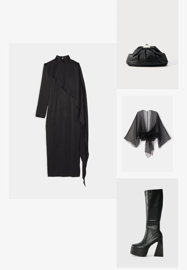 Must läbipaistev kimonõlgedega ja vöökohas sõlmitud detailiga. Kangas on kerge, pakub voolavat, läbipaistvat tekstuuri.; Materiel SCARF DRESS - Pidulikud riided - black; Mustaline mustast nahast kuni põlveni ulatuvad saapad, millel on paks platvorm ja geometriline kõrge konts. Sile tekstuur, mille ülemises servas on õmblustehnikaga detailid.; Mustast nahast käekott kogutud tekstuuriga, metallist kinnituslukk ja esiküljel peenelt reljeefne logo. Ümar kuju.