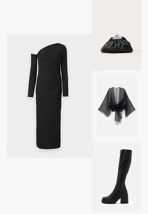 Sort gennemsigtig kimono med brede ærmer og et bindedetalje ved taljen. Stoffet er let og har en flydende, gennemsigtig tekstur.; Sort, tætsiddende, langærmet kjole med asymmetrisk udskæring og samlede sideløse detaljer, lavet af ribbet stof.; Sorte knæhøje støvler lavet af glat syntetisk materiale, med en tyk blokhæl og strømlinet design med elastisk top.; Sort læderclutch med samlet design, sølv hardware-lås og kæderem. Diskret logo præget foran.