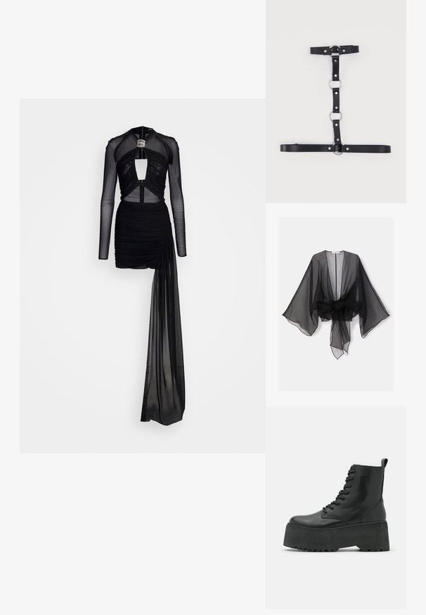 Sort gennemsigtig kimono med brede ærmer og et bindedetalje ved taljen. Stoffet er let og har en flydende, gennemsigtig tekstur.; David Koma CRYSTAL BUCKLE DIAMOND CUTOUT MINI DRESS - Cocktailkjole / festkjole - black/silver; Sorte ankelstøvler med en kraftig platformssål, lavet af glat læder, med snørebåndsdesign og en træktab bagpå.; Sort sele i kunstlæder med sølvfarvede metalkrøller og nitter, med justerbare stropper arrangeret i et lodret og vandret mønster.