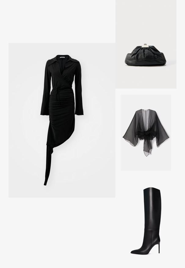 Sort gennemsigtig kimono med brede ærmer og et bindedetalje ved taljen. Stoffet er let og har en flydende, gennemsigtig tekstur.; Sort langærmet kjole med indpakningsdesign, rynket tekstur og asymmetrisk kant. Har en krave og en bundet taljedetalje. Glat stof.; Knæhøj sort læder stiletto støvle med spids tå. Glat tekstur, struktureret design og en slank høj hæl. Ingen synlig hardware eller mønstre.; Sort læderclutch med en samlet tekstur, metal lukning og diskret præget logo på forsiden. Rundet form.