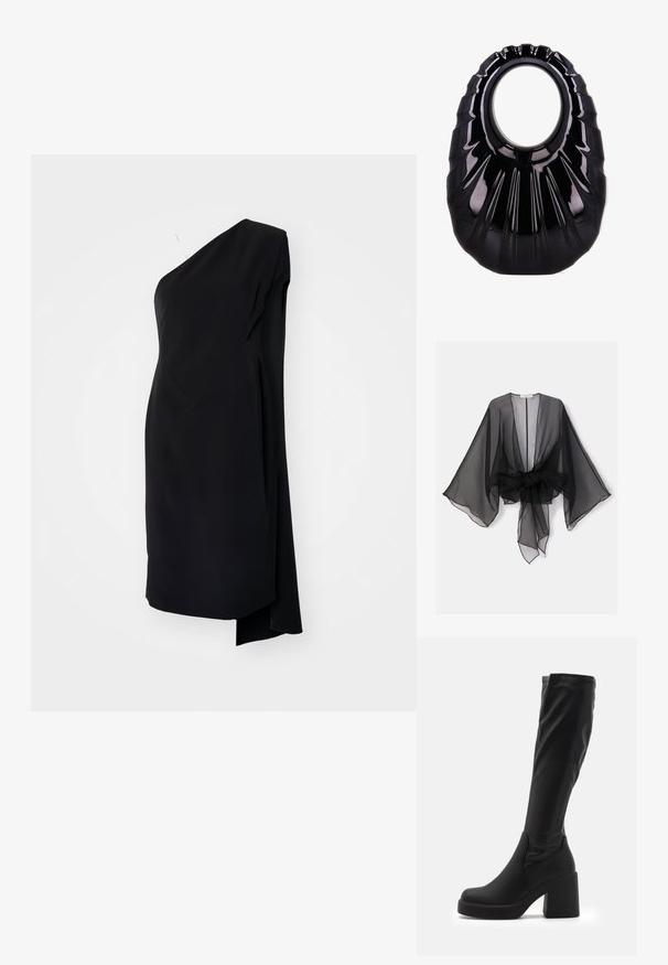 Sort gennemsigtig kimono med brede ærmer og et bindedetalje ved taljen. Stoffet er let og har en flydende, gennemsigtig tekstur.; Sort asymmetrisk kjole med én skulder, lavet af glat stof, med en draperet design og en sideslids for ekstra detaljer.; Sorte knæhøje støvler lavet af glat syntetisk materiale, med en tyk blokhæl og strømlinet design med elastisk top.; Blank sort håndtaske med unikt plisseret design og stort ovalt udskåret håndtag centreret på en hvid baggrund.
