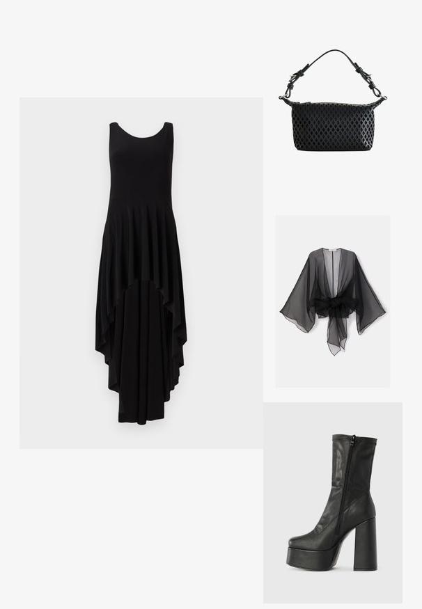 Kimono negro transparente con mangas anchas y detalle de cintura atada. La tela es ligera, con una textura fluida y translúcida.; Vestido negro sin mangas con escote redondeado, que presenta un dobladillo asimétrico en cascada y textura plisada en todo el corsé.; Botín de cuero negro hasta el tobillo con un alto tacón ancho, suela de plataforma y cierre con cremallera lateral. Textura suave con detalle de costura superior.; Bolso negro con patrón de recortes en forma de diamante, correa corta ajustable y detalles de hebilla plateada sobre fondo blanco.