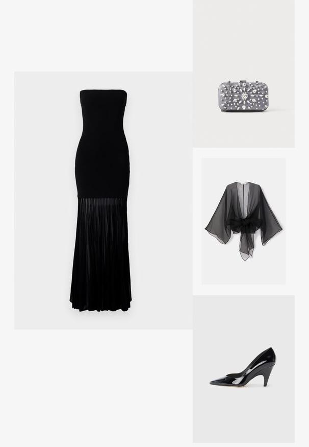 Kimono noir transparent avec manches larges et détail de taille nouée. Le tissu est léger, avec une texture fluide et translucide.; Robe noire sans bretelles avec un corsage ajusté et une jupe plissée fluide. Fabriquée dans un tissu lisse, la partie inférieure présente des plis verticaux.; Chaussure à talon haut en cuir verni noir avec un bout pointu et un talon courbé, présentant une surface lisse et réfléchissante.; Petit sac pochette rectangulaire gris foncé orné de strass clairs disposés en motif rayonnant, avec une bandoulière chaîne argentée.