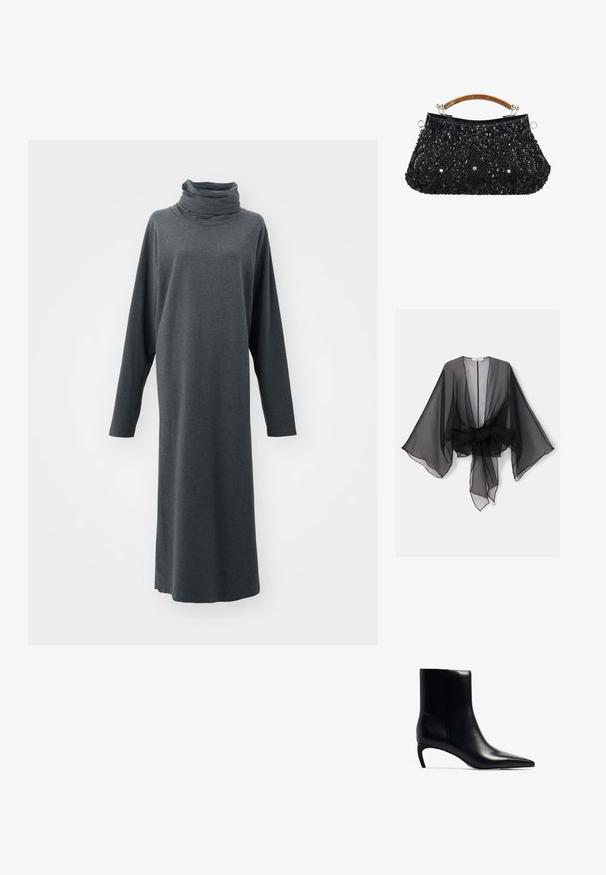Sort gennemsigtig kimono med brede ærmer og et bindedetalje ved taljen. Stoffet er let og har en flydende, gennemsigtig tekstur.; Lang, mørkegrå kjole lavet af blødt stof. Har en hulkrave og lange ærmer. Lige snit med et minimalistisk design.; Sort læderankelstøvle med spidse tæer og en lille, slank hæl. Glat tekstur med et strømlinet, minimalistisk design.; Sort clutch-taske med detaljeret sort perle- og palietbroderi og et buet brunt skildpaddeskalhåndtag.