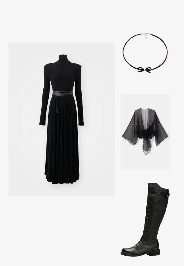 Kimono noir transparent avec manches larges et détail de taille nouée. Le tissu est léger, avec une texture fluide et translucide.; Norma Kamali SHOULDER PAD TURTLE FLARED DRESS TO MIDCALF - Robe en jersey - black; Botte en cuir noir hauteur genou avec un laçage à l'avant, œillets en métal argenté et boucle sur le côté. Présente une finition texturée et un talon empilé.; Choker en suède noir avec une petite perle centrale en argent et un détail en nœud, muni d'un fermoir simple avec une chaîne ajustable.