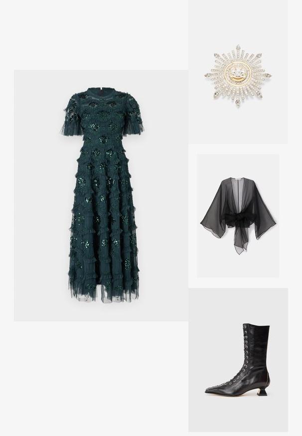 Kimono noir transparent avec manches larges et détail de taille nouée. Le tissu est léger, avec une texture fluide et translucide.; Robe vert foncé à manches courtes, ornée de volants superposés et de décorations florales en sequins. Mi-longue, en tissu doux avec un superposé transparent.; Bottine noire en cuir avec un bout pointu, laçage à l'avant, œillets en métal, petit talon block et un design épuré. Texture lisse, silhouette moderne.; Broche en argent avec un design en rayons de soleil, mettant en vedette des strass clairs et un centre circulaire accentué d'or avec un emblème.