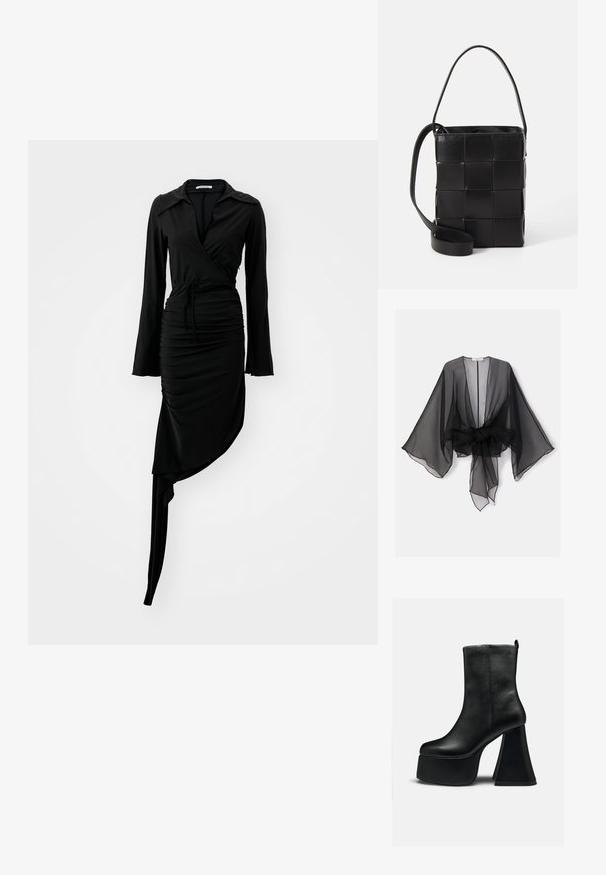 Kimono noir transparent avec manches larges et détail de taille nouée. Le tissu est léger, avec une texture fluide et translucide.; Robe noire à manches longues avec un design drapé, texture plissée et ourlet asymétrique. Présente un col et un noeud à la taille. Tissu lisse.; Bottine en cuir noir avec semelle plateforme épaisse et talon haut large évasé, texture lisse et petit logo près du bord supérieur.; Sac en cuir noir avec un design tissé. Forme rectangulaire, courte anse et sangle ajustable. Texture lisse avec une finition mate.