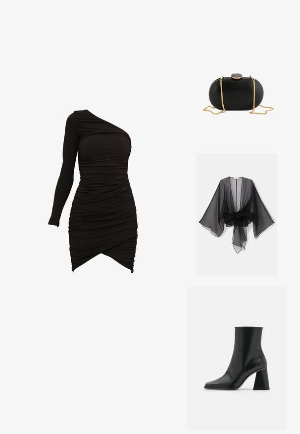 Sort gennemsigtig kimono med brede ærmer og et bindedetalje ved taljen. Stoffet er let og har en flydende, gennemsigtig tekstur.; Sort en-skulder kjole lavet af strækbart materiale, med rynkede detaljer og en asymmetrisk kant for en tætsiddende silhuet.; Sort læder ankelstøvle med firkantet tådesign og en chunky, tekstureret hæl. Glat overflade uden synligt hardware eller mønstre.; Sort oval clutch-taske med glat overflade, guldkæde-rem og rund sort-og-guld lås på toppen mod hvid baggrund.