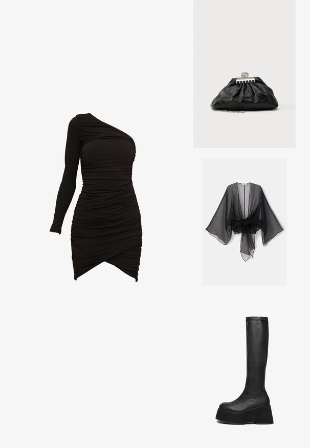 Kimono negro transparente con mangas anchas y detalle de cintura atada. La tela es ligera, con una textura fluida y translúcida.; Vestido negro de un solo hombro, confeccionado en material elástico, con detalles fruncidos y un dobladillo asimétrico que proporciona una silueta ajustada.; Botas negras de cuero hasta la rodilla, con una suela de plataforma gruesa y textura suave, con puntera redondeada y diseño sin costuras.; Bolso de mano de cuero negro con diseño fruncido, cierre de herrajes plateados y correa de cadena. Marca sutil grabada en relieve en la parte delantera.