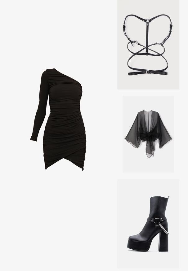 Kimono negro transparente con mangas anchas y detalle de cintura atada. La tela es ligera, con una textura fluida y translúcida.; Vestido negro de un solo hombro, confeccionado en material elástico, con detalles fruncidos y un dobladillo asimétrico que proporciona una silueta ajustada.; Botín negro de plataforma con tacón alto y grueso, cadena plateada y detalle de correa sobre fondo claro liso.; Arnés de cuero negro con múltiples correas que se cruzan, cuenta con herrajes metálicos, hebillas ajustables y un diseño minimalista.