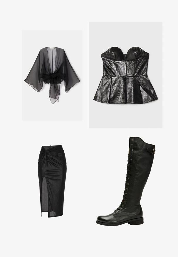 Sort gennemsigtig kimono med brede ærmer og et bindedetalje ved taljen. Stoffet er let og har en flydende, gennemsigtig tekstur.; Sara Battaglia SWEETHEART - Top - black; Sort midi nederdel lavet af strækbart stof, med et snoet frontdesign, sideslids og lynlåslukning bagpå.; Sorte læder knæhøje støvler med snørebånd foran, sølvøjer og sidebælte. Har en tekstureret overflade og stablet hæl.
