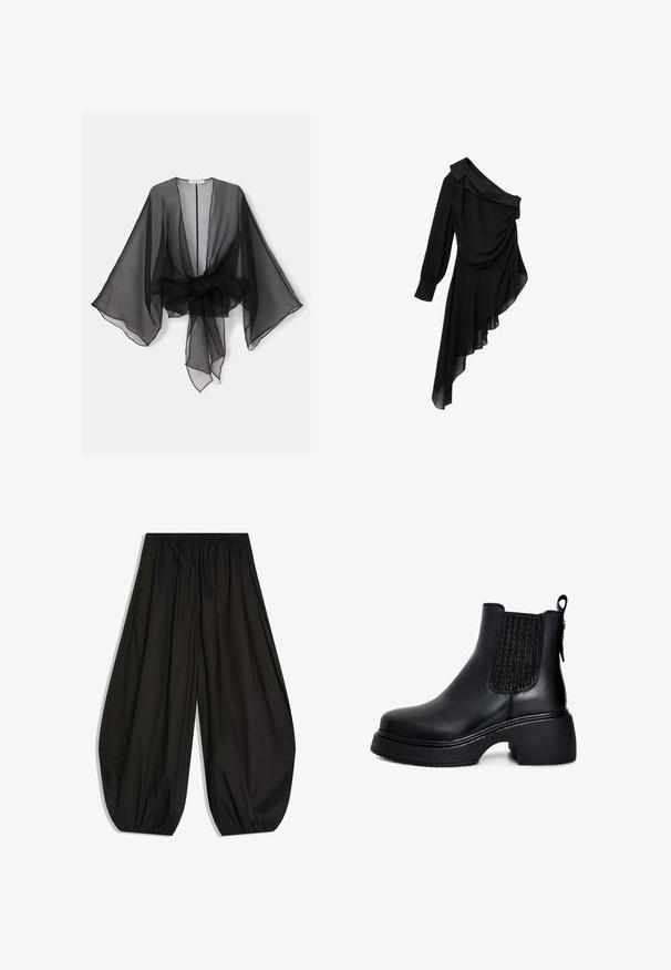 Sort gennemsigtig kimono med brede ærmer og et bindedetalje ved taljen. Stoffet er let og har en flydende, gennemsigtig tekstur.; Sort kjole lavet af let stof, med design med én skulder, draperet front, langærmet og asymmetrisk kant.; Sorte vidde bukser med elastisk talje og samlede elastiske manchetter, lavet af let stof.; Sorte læder ankelstøvler med elastiske sidepaneler, rund tå, chunky tekstureret hæl og strop bagpå for nem påtagning.