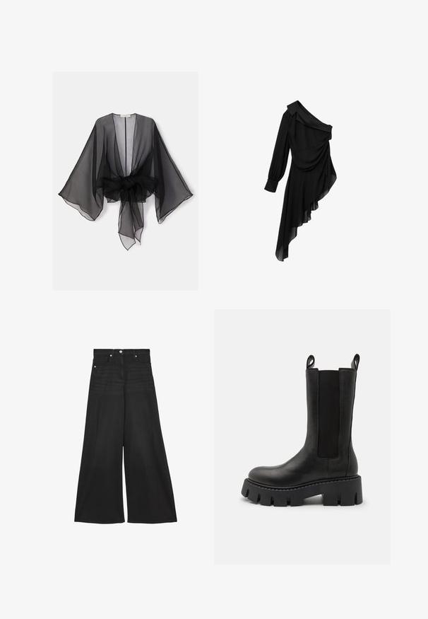 Sort gennemsigtig kimono med brede ærmer og et bindedetalje ved taljen. Stoffet er let og har en flydende, gennemsigtig tekstur.; Sort kjole lavet af let stof, med design med én skulder, draperet front, langærmet og asymmetrisk kant.; Sorte vidde denimbukser med høj talje, knap- og lynlåsbeslag, forlommer og bæltestropper.; Sorte læder ankelstøvler med elastiske sidedele, trækremme, kraftig sål med mønster og forstærkede syninger. Overfladen har en glat struktur.