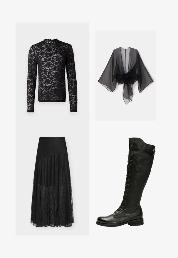 Sort gennemsigtig kimono med brede ærmer og et bindedetalje ved taljen. Stoffet er let og har en flydende, gennemsigtig tekstur.; Sort langærmet gennemsigtig bluse i blonde med blomstertryk og høj halsudskæring med en lille flæsekant.; Sort blondernederdel med et flydende, lagdelt design. Har en talje, delikate blomster-mønstre og en gennemsigtig tekstur. Længden går til midt på læggen.; Sorte læder knæhøje støvler med snørebånd foran, sølvøjer og sidebælte. Har en tekstureret overflade og stablet hæl.