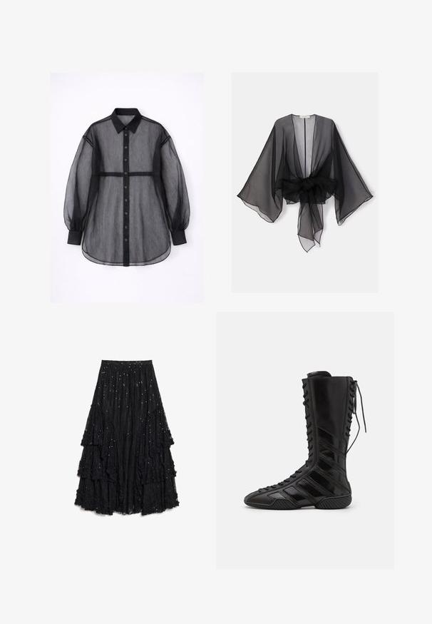 Kimono noir transparent avec manches larges et détail de taille nouée. Le tissu est léger, avec une texture fluide et translucide.; Chemise noire transparente avec un design à boutons, manches longues bouffantes, col rabattable et ourlet droit. Tissu texturé.; Jupe noire à couches en dentelle texturée, présentant des volants avec une finition effilochée et des paillettes éparpillées pour plus de détails.; Bottes montantes noires en matériau synthétique brillant, présentant un design de laçage sophistiqué et des accents de rayures diagonales sur les côtés.