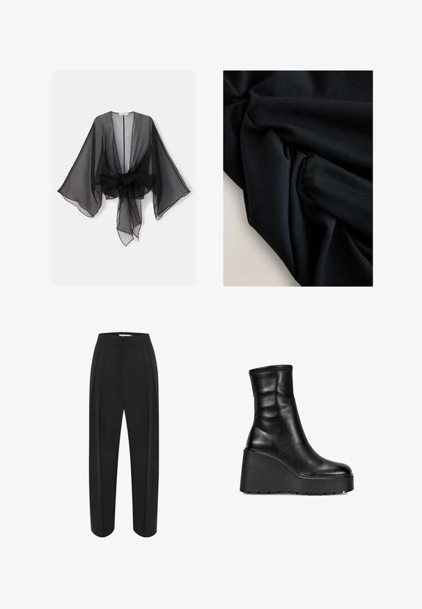Kimono negro transparente con mangas anchas y detalle de cintura atada. La tela es ligera, con una textura fluida y translúcida.; Tejido negro con textura y pliegues visibles, creando sombras y luces suaves sobre una superficie de color claro.; Pantalones de pierna ancha negros con una cintura alta, con una textura suave y dos plisados frontales. Diseñados con una silueta limpia y ajustada.; Bosanova Botines de cuña - black