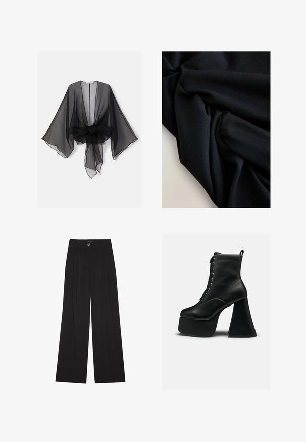 Sort gennemsigtig kimono med brede ærmer og et bindedetalje ved taljen. Stoffet er let og har en flydende, gennemsigtig tekstur.; Sort stof med synlig tekstur og folder, der skaber bløde skygger og højlys på en lysfarvet overflade.; Sorte bukser med vide ben lavet af blødt stof, med høj talje, frontfolder og enkelt knaplukning. Glat tekstur og skræddersyet design.; Sort ankellang støvle med platform, snøring foran og bred blokhæl, glat lædertekstur og trække-flig bagpå.