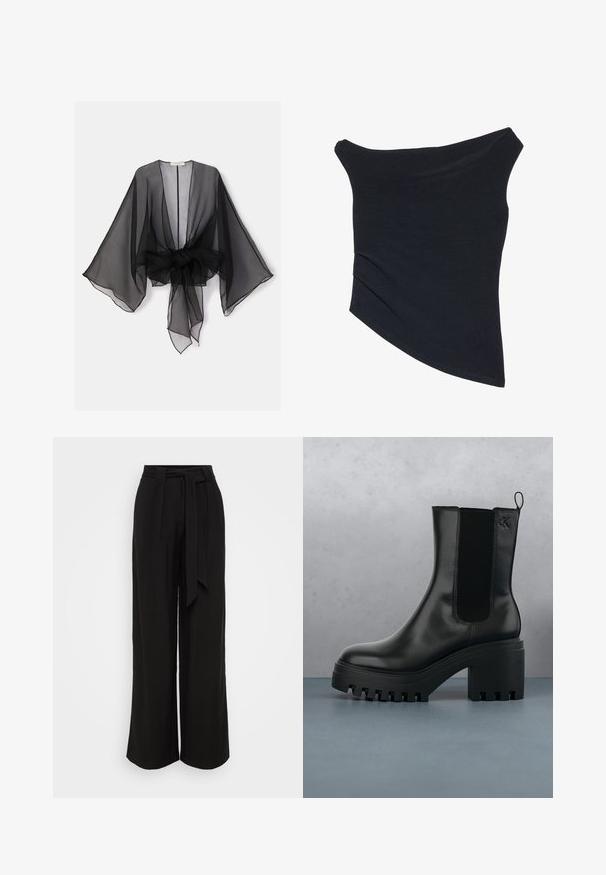 Zwarte doorschijnende kimono met wijde mouwen en een tailleband die gestrikt kan worden. De stof is lichtgewicht en heeft een vloeiende, transparante textuur.; Zwarte off-shoulder top met een fitted ontwerp, asymmetrische zoom en een zachte, gladde textuur. Het heeft gatherstof bij de halslijn.; Zwarte broek met wijde pijpen van een gladde stof, met een hoge taille, een ceintuur om te strikken en plooien voor een elegante, op maat gemaakte uitstraling.; Zwarte lederen enkelboot met ronde neus, chunky plateauzool en mesh zijaccenten. Voorzien van een trekband voor gemakkelijk aan- en uittrekken.
