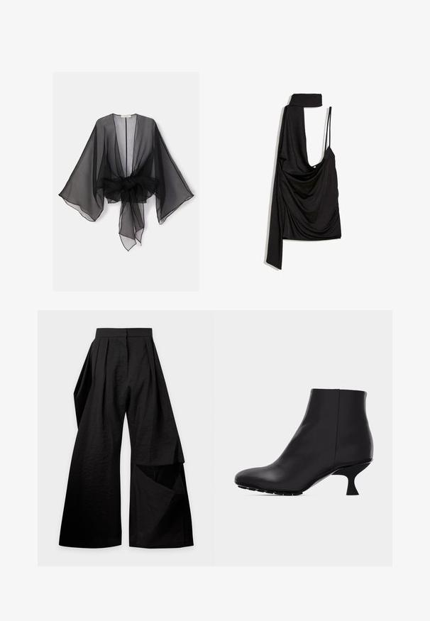 Kimono noir transparent avec manches larges et détail de taille nouée. Le tissu est léger, avec une texture fluide et translucide.; Haut noir asymétrique avec une manche longue, une fine bretelle et un tissu drapé sur le devant.; Pantalon noir à jambes larges avec des plis à la taille et un panneau de tissu superposé sur la jambe droite.; Bottine en cuir noir avec bout pointu et talon moyen incurvé unique, présentée sur un fond gris clair uni.