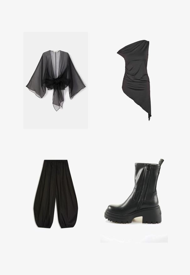 Kimono noir transparent avec manches larges et détail de taille nouée. Le tissu est léger, avec une texture fluide et translucide.; Robe noire asymétrique à une épaule avec tissu drapé et ourlet irrégulier, plus longue d'un côté.; Pantalon noir ample avec taille élastiquée froncée et bas élastiqués, créant une silhouette ballon.; Bottines en cuir noir avec doubles zips, semelle intermédiaire épaisse et semelle en caoutchouc texturé. Dispose d'une languette à l'arrière pour un enfilage facile.