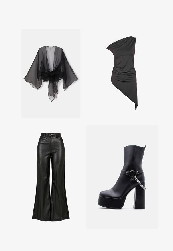 Kimono negro transparente con mangas anchas y detalle de cintura atada. La tela es ligera, con una textura fluida y translúcida.; Vestido negro asimétrico de un solo hombro con tela drapeada y dobladillo desigual, más largo en un lado.; Pantalones de cuero negro acampanados con una textura suave, que cuentan con una cintura alta, cierre de botón y bolsillos frontales. Diseño de pierna ancha y acabado pulido.; Botín negro de plataforma con tacón alto y grueso, cadena plateada y detalle de correa sobre fondo claro liso.